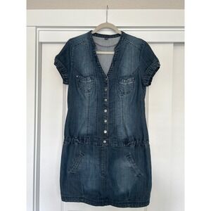 Pimkie London Womens Denim Dress Medium Wash Short Sleeve Button Front V-Neck